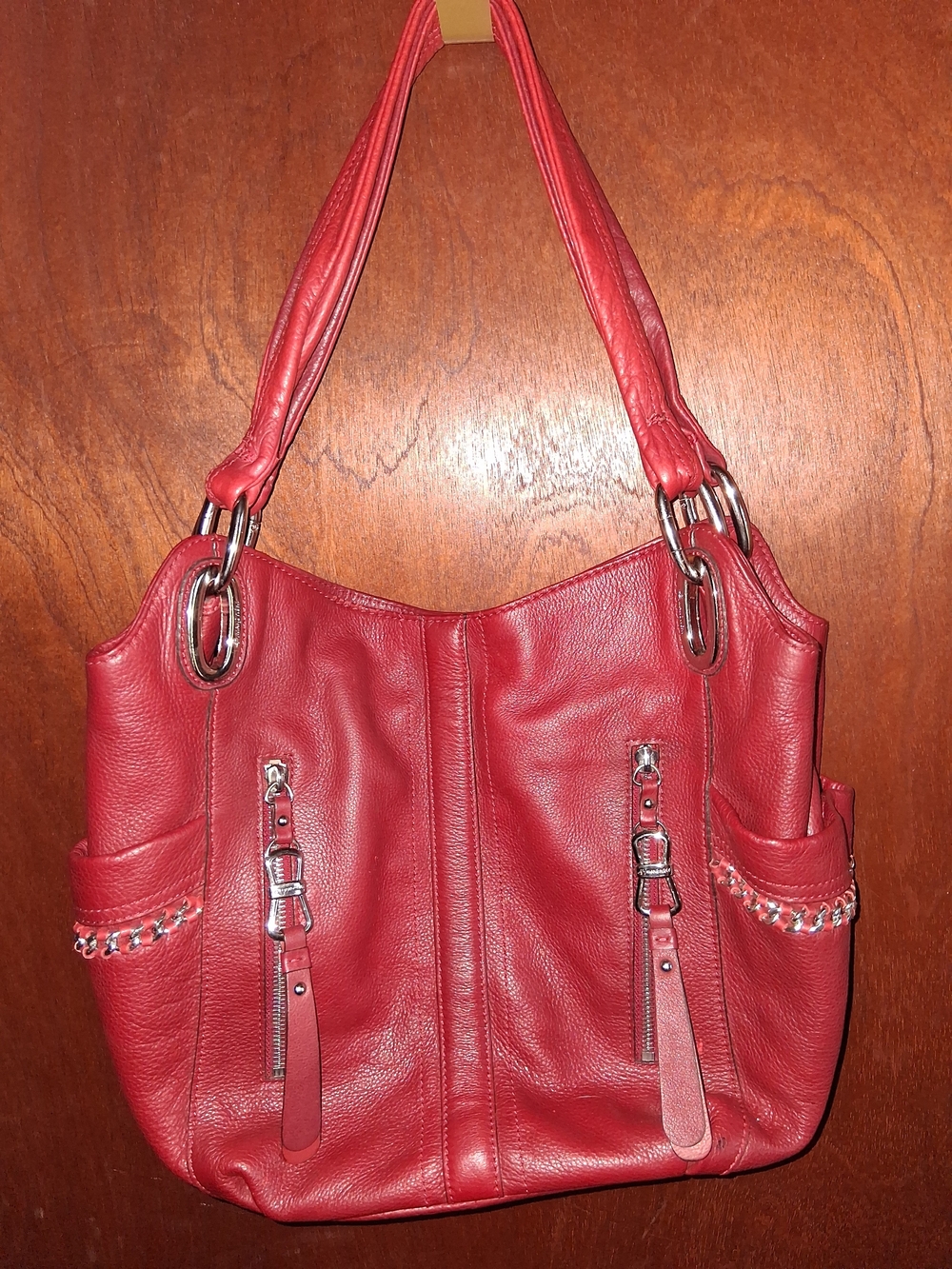 b. makowsky Red Leather Shoulder Bag with Silver Hardware